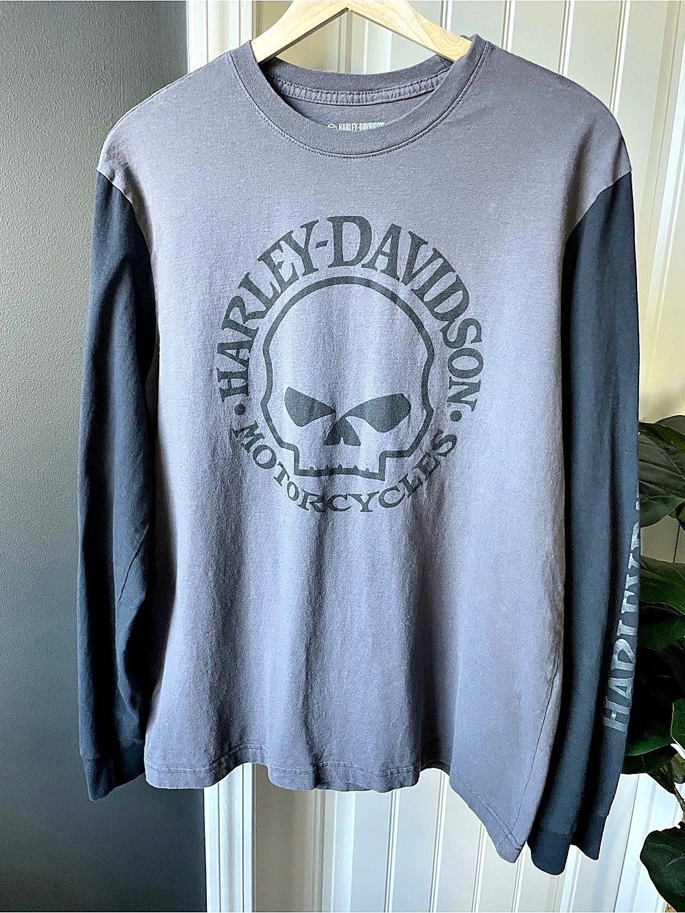 Harley Davidson Willie G Skull Long Sleeve Shirt Mens Gray Black Size L | FLAW